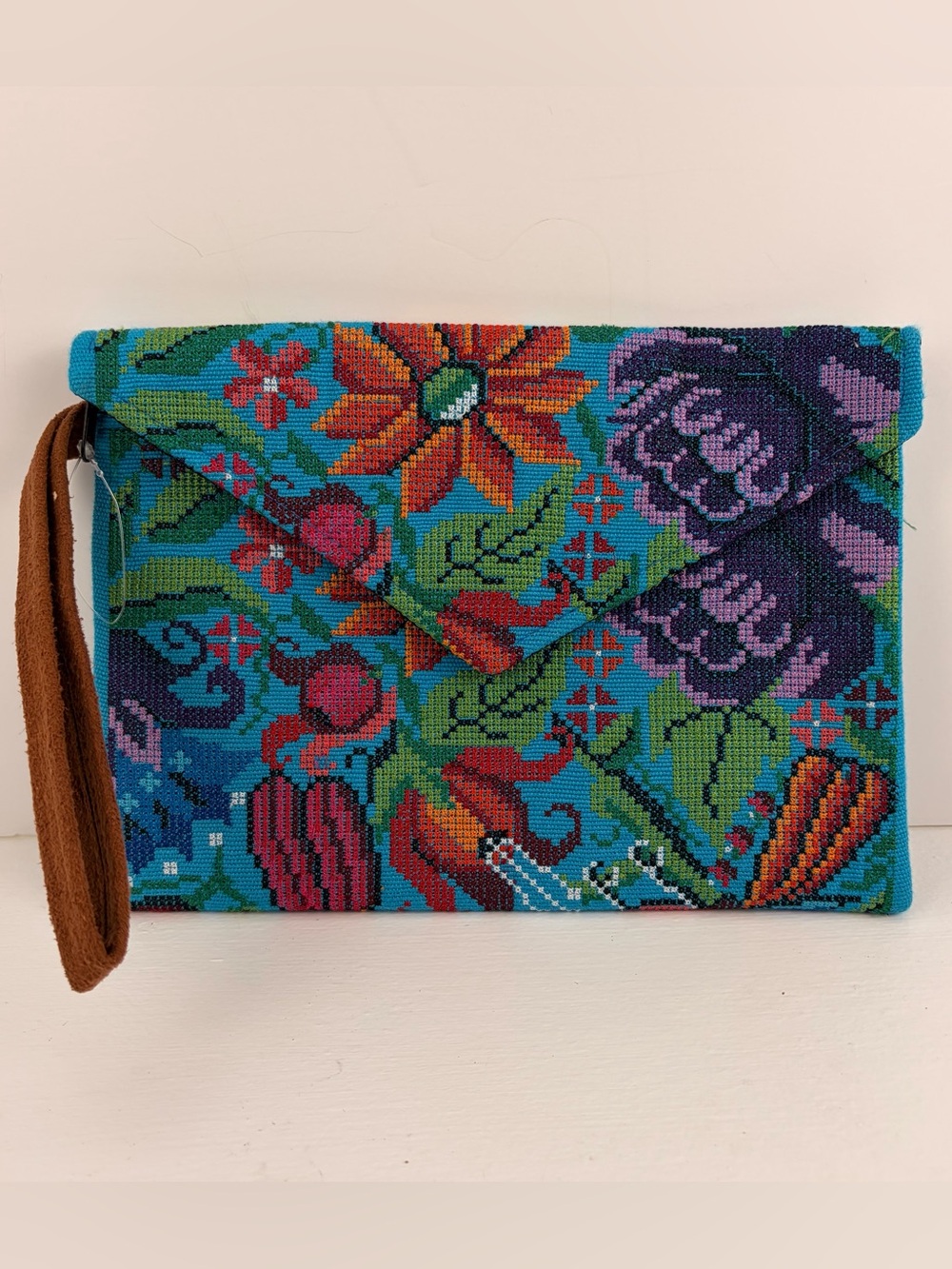Artisanal Floral Needlepoint Envelope Clutch Bag